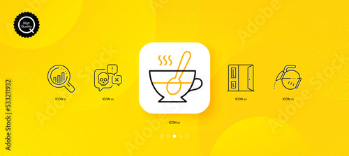 Seo analysis, Cyber attack and Open door minimal line icons. Yellow abstract background. Tea cup, Coffee pot icons. For web, application, printing. Targeting chart, Darknet chat, Entrance. Vector