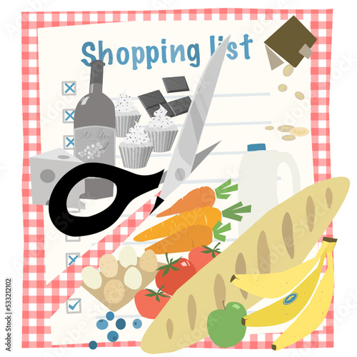 A pair of scissors cutting through a shopping list of luxury consumable food items and essentials. On a picnic cloth background. Cost of living crisis, inflation. Cutting back on luxuries.