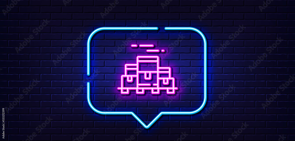 Neon light speech bubble. Boxes pallet line icon. Wholesale goods sign. Warehouse inventory symbol. Neon light background. Boxes pallet glow line. Brick wall banner. Vector Neon light speech bubble. Boxes pallet line icon. Wholesale goods sign. Warehouse inventory symbol. Neon light background. Boxes pallet glow line. Brick wall banner. Vector