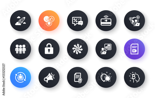 Minimal set of Video conference, Video file and Contactless payment flat icons for web development. Like, Lock, Group icons. Versatile, Certificate, Discounts web elements. Vector