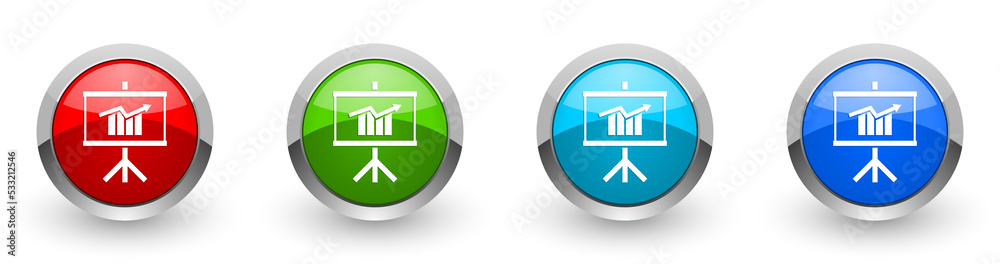 Presentation and training web icons, set of silver metallic round buttons isolated on white background Presentation and training web icons, set of silver metallic round buttons isolated on white background