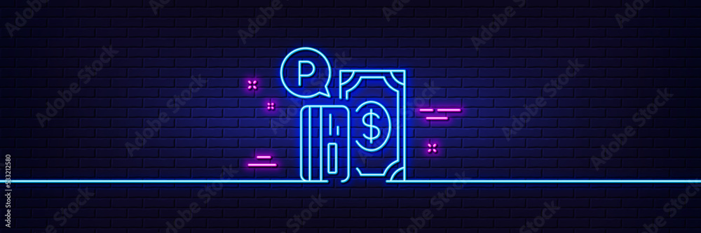 Neon light glow effect. Parking payment line icon. Paid car park sign. Transport place symbol. 3d line neon glow icon. Brick wall banner. Parking payment outline. Vector Neon light glow effect. Parking payment line icon. Paid car park sign. Transport place symbol. 3d line neon glow icon. Brick wall banner. Parking payment outline. Vector
