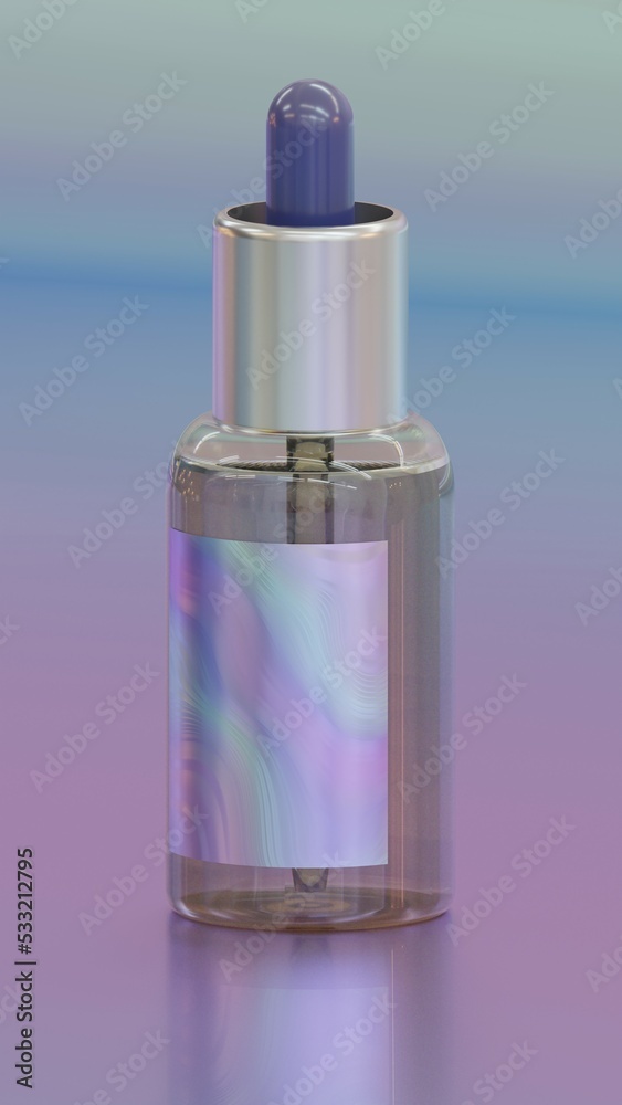 Luxury dropper transparent glass container with pearlescent label, single object on holographic style modern abstract background, concept of medical and beauty procedures, 16x9 3D rendering Luxury dropper transparent glass container with pearlescent label, single object on holographic style modern abstract background, concept of medical and beauty procedures, 16x9 3D rendering