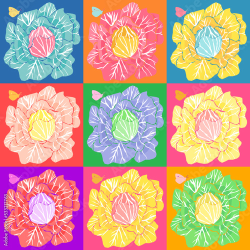 Bold, bright colorful cabbages arranged on colorful squares in repeat pattern shown from above with a butterfly on each cabbage in a pop art style.