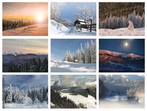 amazing winter collection in mountains, winter morning dawn, nature colorful background, Carpathians mountains, Ukraine, Europe