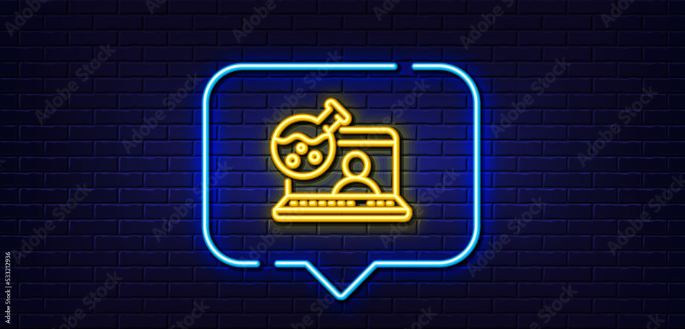 Neon light speech bubble. Online chemistry lab line icon. Laboratory flask sign. Analysis symbol. Neon light background. Online chemistry glow line. Brick wall banner. Vector Neon light speech bubble. Online chemistry lab line icon. Laboratory flask sign. Analysis symbol. Neon light background. Online chemistry glow line. Brick wall banner. Vector