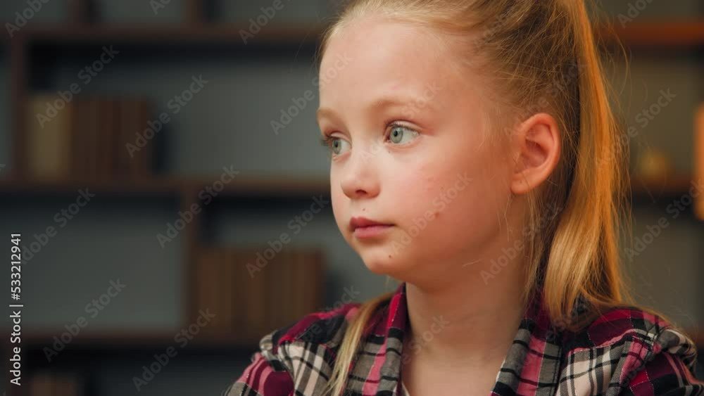 Profile portrait serious child caucasian blonde girl innocent pretty kid with angelic appearance little beauty model posing alone in home room looking stare at distance new alpha generation children Profile portrait serious child caucasian blonde girl innocent pretty kid with angelic appearance little beauty model posing alone in home room looking stare at distance new alpha generation children