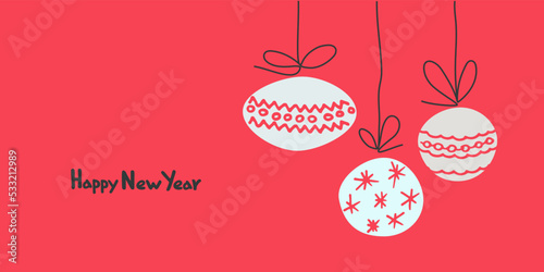Happy New Year 2023 greeting card template. Stylish Scandinavian design with hand drawn baubles and hand lettering arranged in vertical rectangular