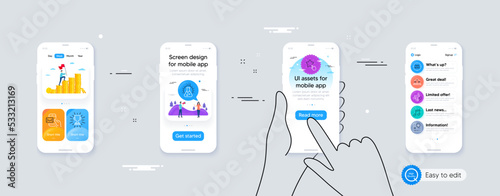 Set of Chemistry lab, Fake news and Trophy line icons. Phone ui interface. Include Ranking star, Cyber attack, Remove team icons. Messenger mail, Court building, Musical note web elements. Vector