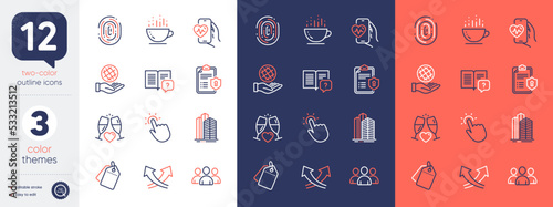 Set of Coffee cup, Sale tags and Intersection arrows line icons. Include Privacy policy, Instruction manual, Cardio training icons. Group, Touchpoint, Wedding glasses web elements. Vector