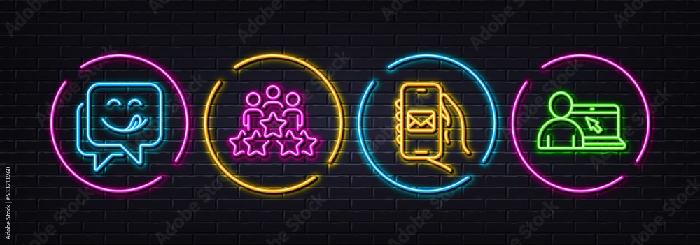 Business meeting, Yummy smile and Mail app minimal line icons. Neon laser 3d lights. Online education icons. For web, application, printing. Rating star, Emoticon, Smartphone email. Vector Business meeting, Yummy smile and Mail app minimal line icons. Neon laser 3d lights. Online education icons. For web, application, printing. Rating star, Emoticon, Smartphone email. Vector