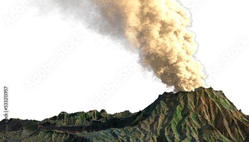 Active volcano erupting with smoke from the chimney, 3d rendering, 3d illustration photo