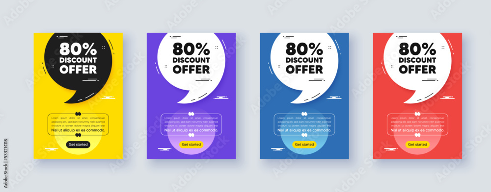 Poster frame with quote, comma. 80 percent discount tag. Sale offer price sign. Special offer symbol. Quotation offer bubble. Discount message. Vector
