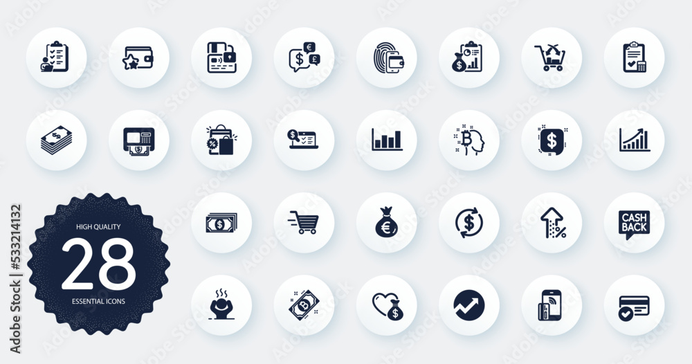 Set of Finance icons, such as Bitcoin think, Report and Cross sell flat icons. Money bag, Graph chart, Donation web elements. Shopping bags, Increasing percent, Money transfer signs. Vector Set of Finance icons, such as Bitcoin think, Report and Cross sell flat icons. Money bag, Graph chart, Donation web elements. Shopping bags, Increasing percent, Money transfer signs. Vector