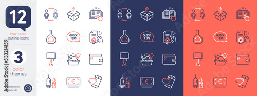 Set of Quickstart guide, Hand washing and Euro currency line icons. Include Heart, Technical documentation, Table lamp icons. Send box, Wallet, Workflow web elements. Cognac bottle. Vector