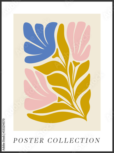 Abstract floral posters template. Modern trendy Matisse minimal style. Hand drawn design for wallpaper, wall decor, print, postcard, cover, template, banner.