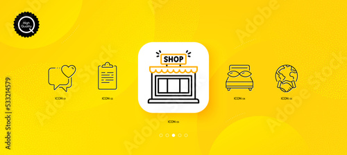 Shop, Heart and Global business minimal line icons. Yellow abstract background. Pillows, Clipboard icons. For web, application, printing. Store, Love chat, Outsourcing. Night bed. Vector