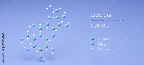 lactulose, molecular structures, Non-absorbable sugar, 3d model, Structural Chemical Formula and Atoms with Color Coding photo