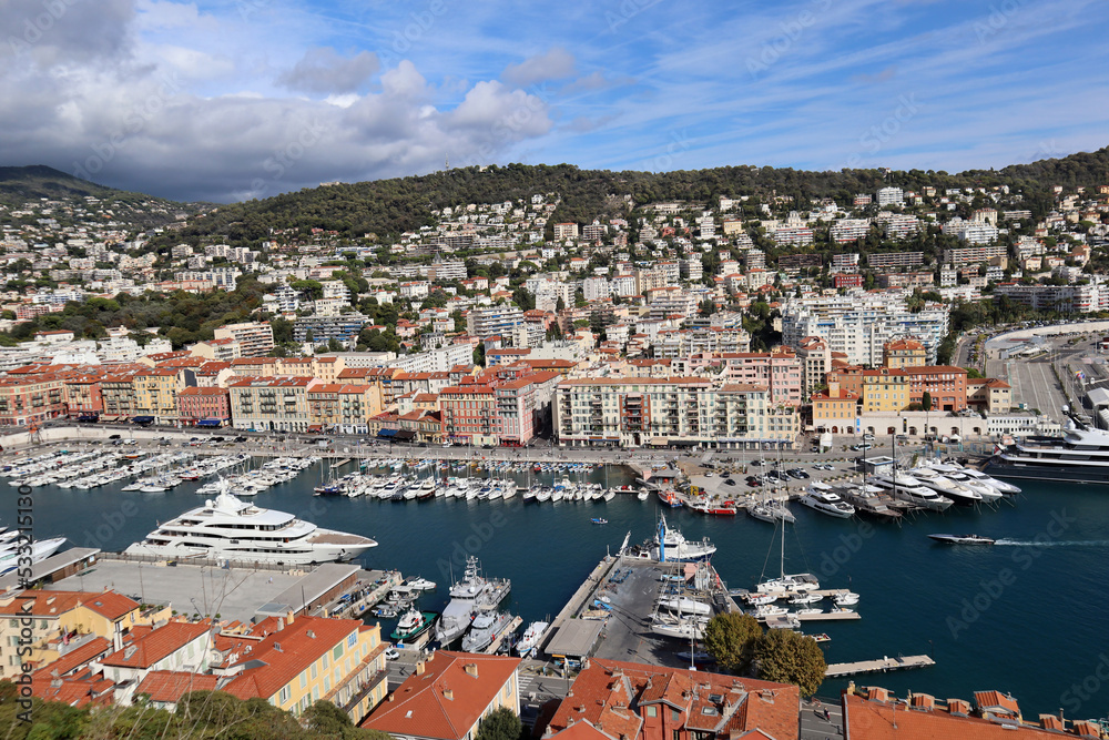 Nice, France - 25.09.2022: View of Nice and its port from Mont Boron park