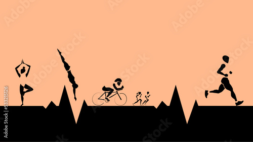 Figures exercising in silhouette. People working out, running, cycling, diving and doing yoga on a heartbeat pulse shaped landscape promoting heart healthy active lifestyle. Header with copy space.