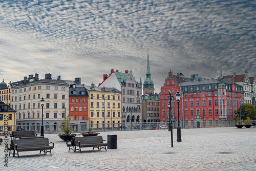 view of the city and facades of houses in the center of Stockholm Sweden