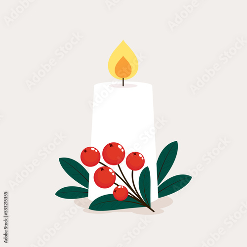 Christmas candle vector. Christmas candle and holly berry. Vector illustration.