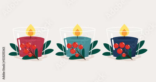 Christmas candle vector. Christmas candle and holly berry. Vector illustration.