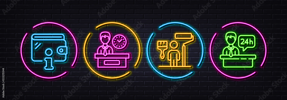 Presentation time, Painter and Wallet minimal line icons. Neon laser 3d lights. Reception desk icons. For web, application, printing. Report, Paint brush, Money budget. Hotel service. Vector