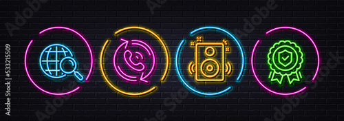 Web search, Speakers and Call center minimal line icons. Neon laser 3d lights. Insurance medal icons. For web, application, printing. Find internet, Sound, Recall. Certified protection. Vector