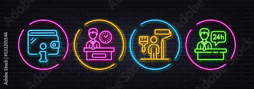 Presentation time, Painter and Wallet minimal line icons. Neon laser 3d lights. Reception desk icons. For web, application, printing. Report, Paint brush, Money budget. Hotel service. Vector