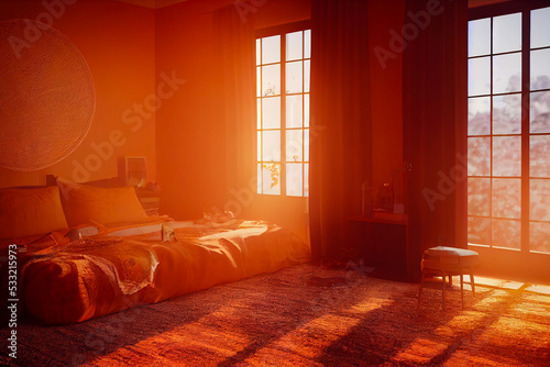 orange livingroom bedroom with decor, abstract concept render, generative ai photo