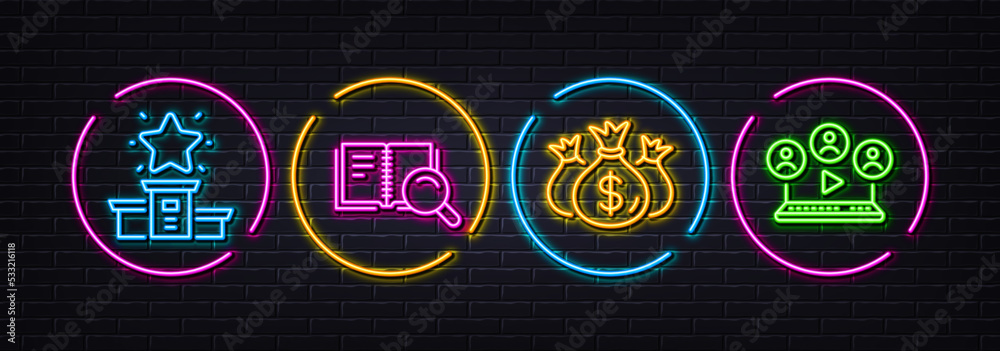 Winner podium, Check investment and Search book minimal line icons. Neon laser 3d lights. Video conference icons. For web, application, printing. First place, Business report, Online education. Vector