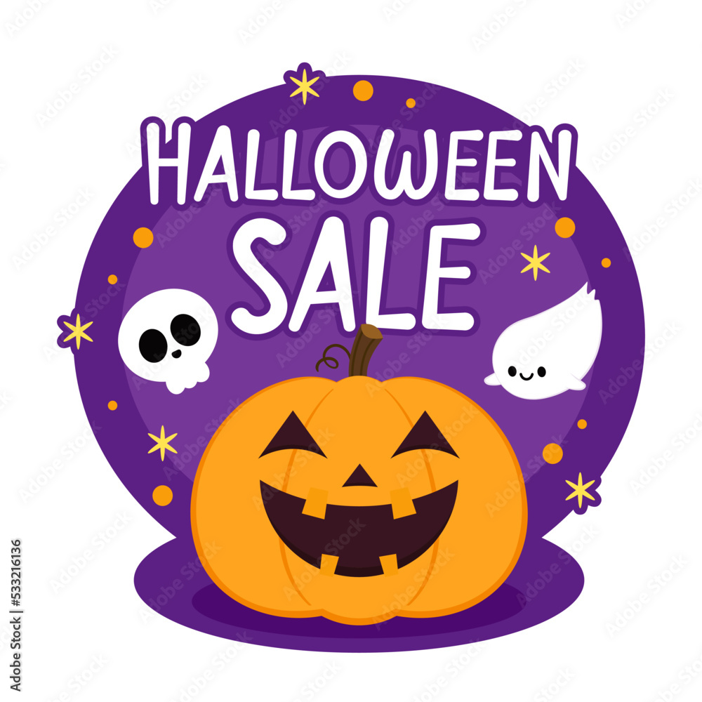 Happy halloween sale card with cute Skull and Pumpkin head. Holidays cartoon character. Trick or treat. Halloween funny cartoon.