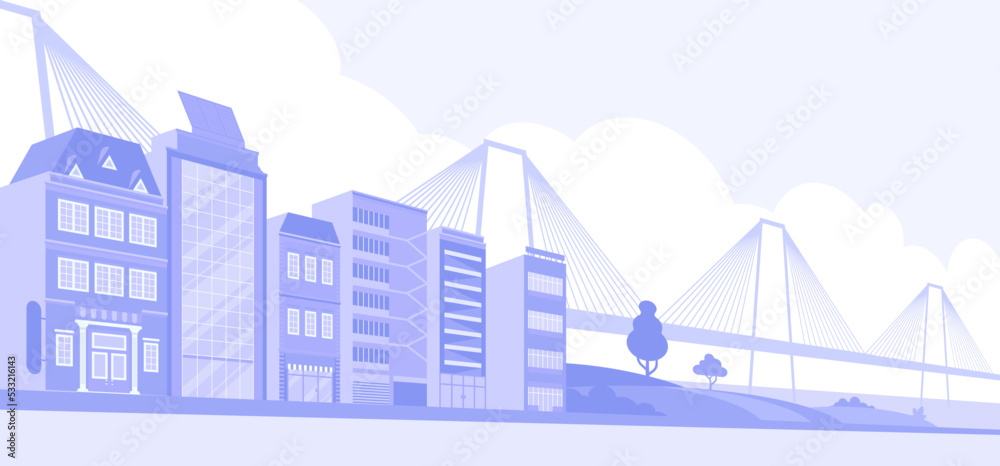 Obraz premium Light gray cityscape background with bridge. City buildings with trees at park view. Monochrome urban landscape. Modern architectural panorama in flat style. Vector illustration horizontal wallpaper