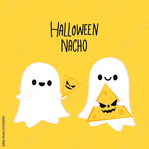 Halloween pumpkin faces on Nacho. Nacho vector. Nachos on yellow background. Cute ghost cartoon vector. Ghost character