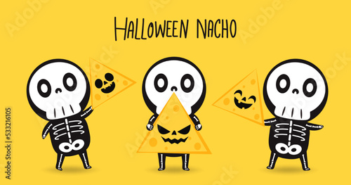 Halloween pumpkin faces on Nacho. Nacho vector. Nachos on yellow background. Cute halloween skeleton cartoon. Skeleton in halloween day. 
