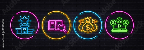 Winner podium, Check investment and Search book minimal line icons. Neon laser 3d lights. Video conference icons. For web, application, printing. First place, Business report, Online education. Vector