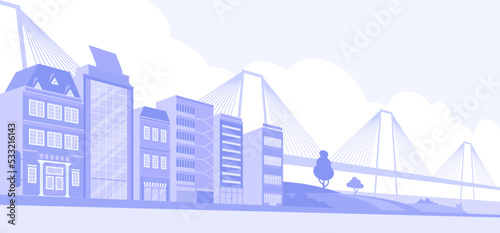 Light gray cityscape background with bridge. City buildings with trees at park view. Monochrome urban landscape. Modern architectural panorama in flat style. Vector illustration horizontal wallpaper