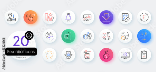 Simple set of Metro, Delivery and Downloading line icons. Include Candlestick chart, Medical analyzes, Money bag icons. Smile, Click, Businessman case web elements. Checklist. Vector