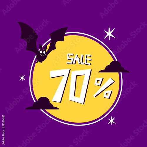 Halloween sale tag. Happy Halloween. Sale Coupon, voucher and tag. Vector illustration. Sale tag 70%.