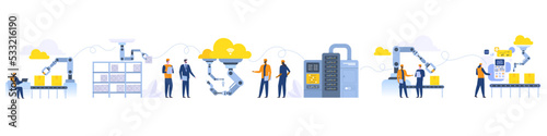 Assembly line with robotic arms and workers Male and female factory workers engineers Automated production process User connecting with a tablet and sharing data with a cyber-physical system Vector