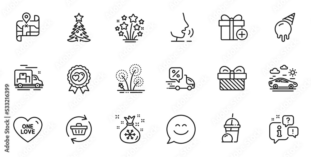 Outline set of Add gift, Map and Santa sack line icons for web application. Talk, information, delivery truck outline icon. Include Gift, One love, Christmas tree icons. Vector Outline set of Add gift, Map and Santa sack line icons for web application. Talk, information, delivery truck outline icon. Include Gift, One love, Christmas tree icons. Vector
