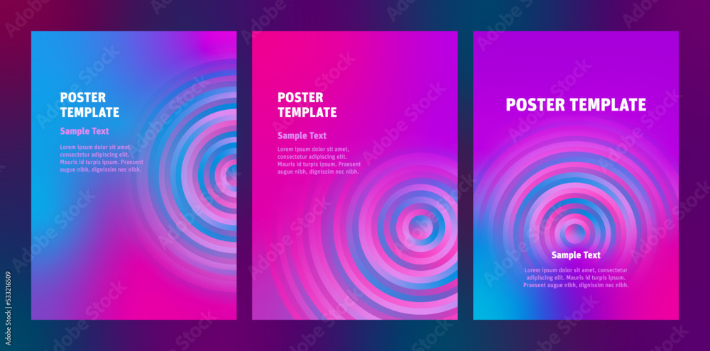 Set modern poster backgrounds with gradient blurry circles. Wallpaper backdrop template with wavy spiral textured blurry shapes. Multiple Swatches suggestions for easy Recolor Artwork.
