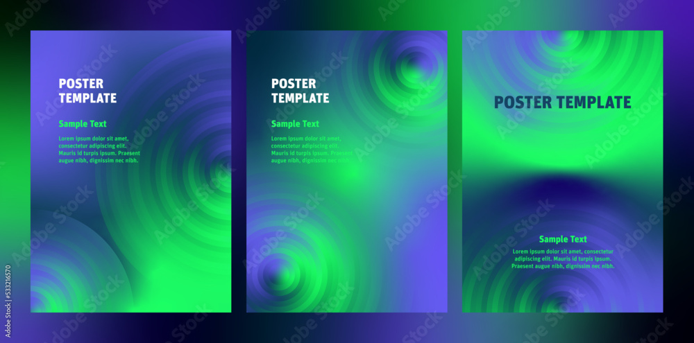 Colorful abstract posters template with gradient circles. Backdrop designs with fluid spiral shapes and bright colors.
