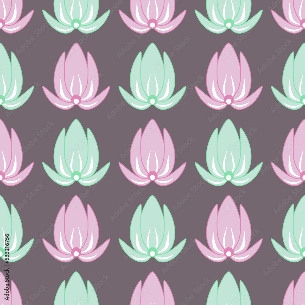 Seamless abstract floral pattern. Green, pink, white, grey. Lotus flower.  Vector. Botanical texture. Decorative ornament. Design for textile fabrics, wrapping paper, background, wallpaper, cover.