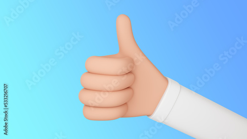 3d rendering of hand doing thumbs up with light blue background, like.