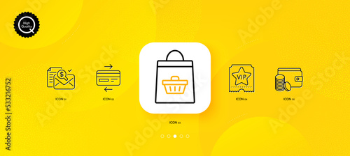 Online buying, Accounting report and Vip ticket minimal line icons. Yellow abstract background. Credit card, Payment method icons. For web, application, printing. Vector