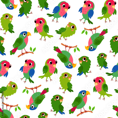Seamless parrot bird bullfinches background for kids. Cute children design template. Bright icons for textile, wrapping paper, greeting cards or posters for kindergarten © Pictulandra