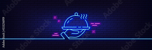 Neon light glow effect. Restaurant food line icon. Dinner sign. Hotel room service symbol. 3d line neon glow icon. Brick wall banner. Restaurant food outline. Vector