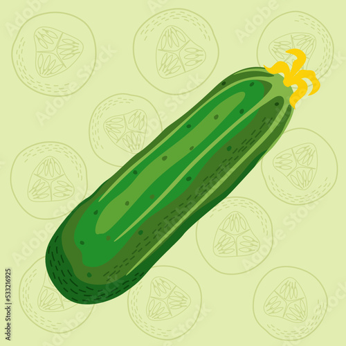 Vector illustration of a green cucumber on a light green background with cucumber slices background in flat style.
